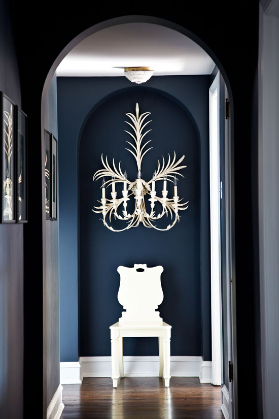 Blue Rooms Hallway with White Tulip Chair www.pattersondecoratinggroup.com/blog