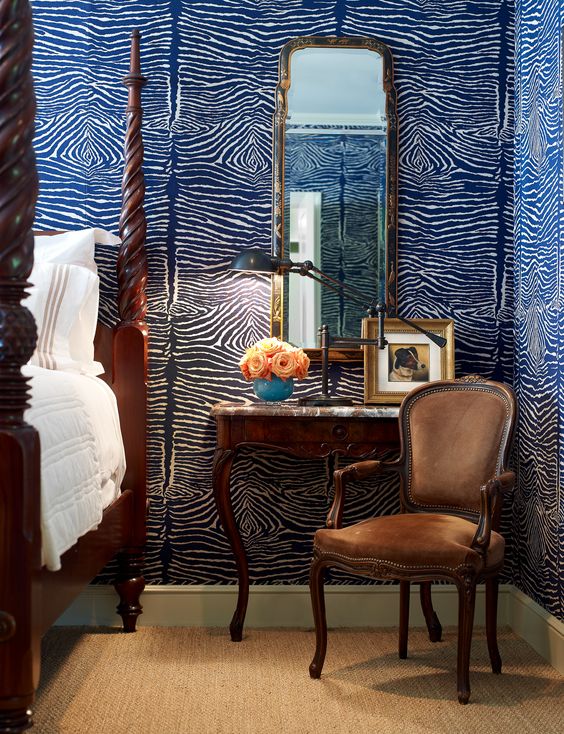 Blue Rooms Bedroom with zebra print wallcovering www.PattersonDecoratingGroup.com/blog