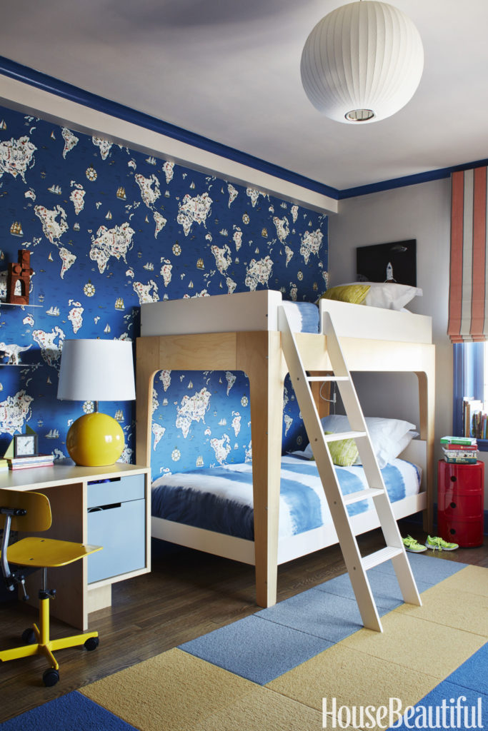 Kids Bedroom with Bunk Beds and Wallpaper Blue Rooms www.PattersonDecoratingGroup.com/blog