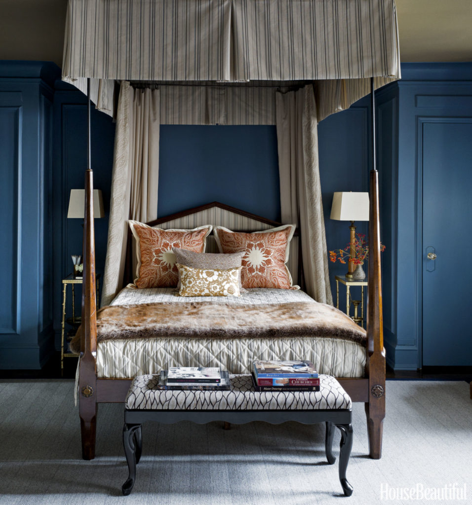 Blue Bedroom with Antique four poster bed Blue Rooms www.PattersonDecoratingGroup.com/blog