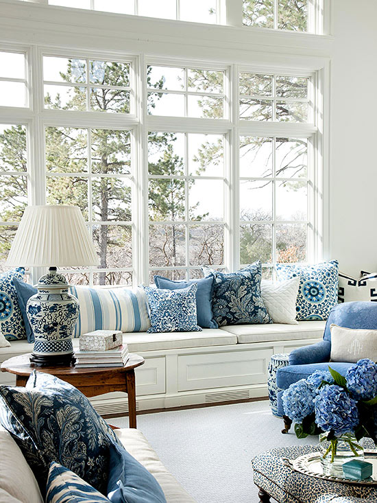 Open Airy Space with Blue and White Pillows Blue Rooms www.PattersonDecoratingGroup.com/blog