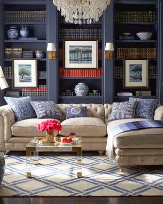 Navy Blue Rooms Living Room with White Area Rug and Crystal Chandelier www.pattersondecoratinggroup.com/blog