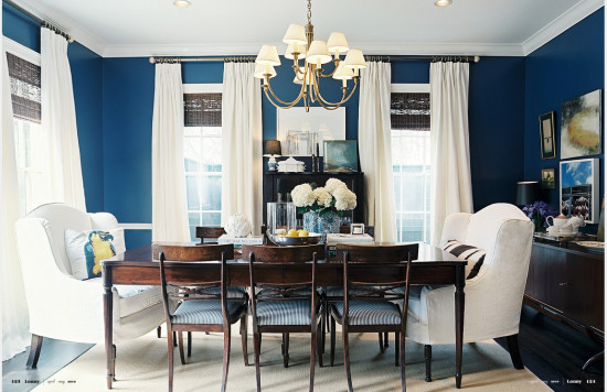 Blue and White Dining Room with White Drape Blue Rooms www.pattersondecoratinggroup.com/blog 