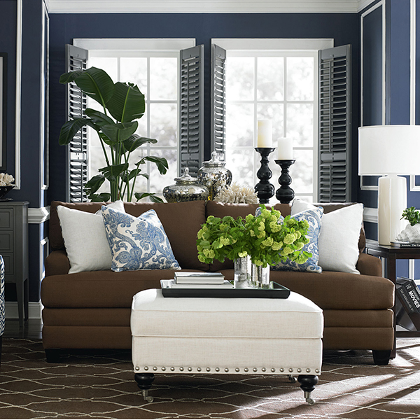 Blue Rooms Coastal Living room in Navy Brown and white www.pattersondecoratinggroup.com/blog