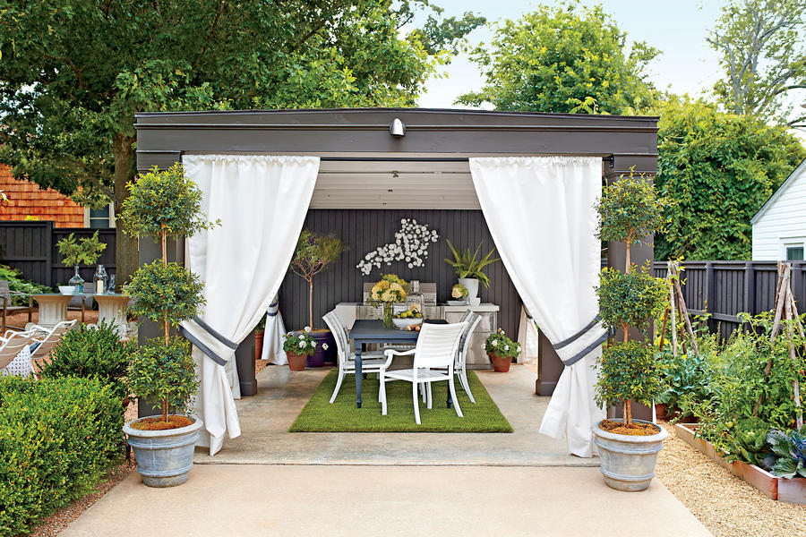 Garden Cabana with outdoor drapes hung on three sides. www.PattersonDecoratingGroup.com/blog