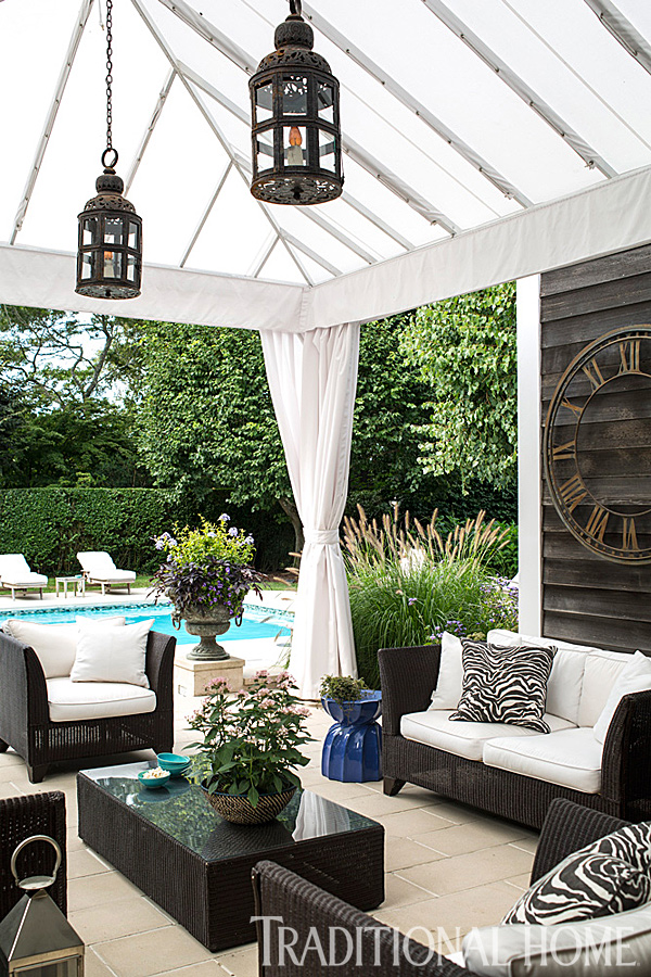 South Hampton summer home pool pavilion with Moroccan lanterns www.PattersonDecoratingGroup.com/blog