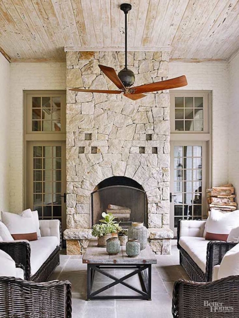 Fabulous outdoor room with stone fireplace for chilly evenings www.PattersonDecoratingGroup.com/blog