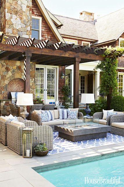 Beautiful Outdoor living space next to an inviting pool www.PattersonDecoratingGroup.com/blog