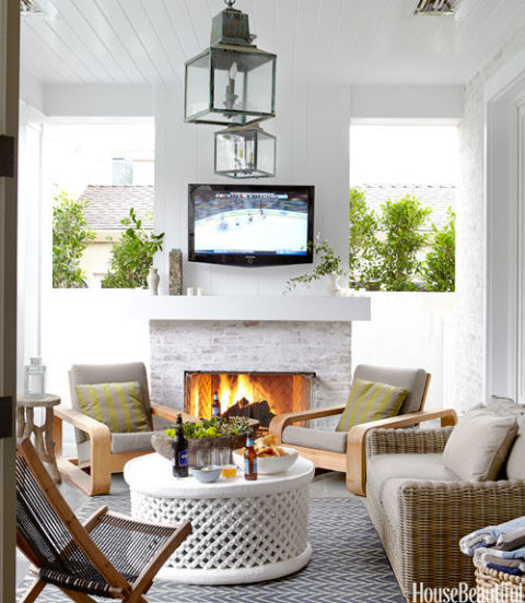 California Loggia with fireplace, a flat-screen TV and overhead heat lamps so it can be used all year www.PattersonDecoratingGroup.com/blog