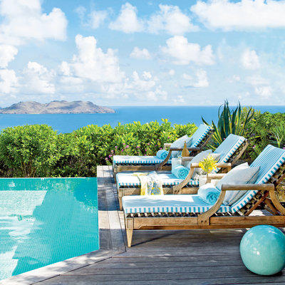 Pool Terrace with jaw dropping view of the Bay of St. Jean www.PattersonDecoratingGroup.com/blog