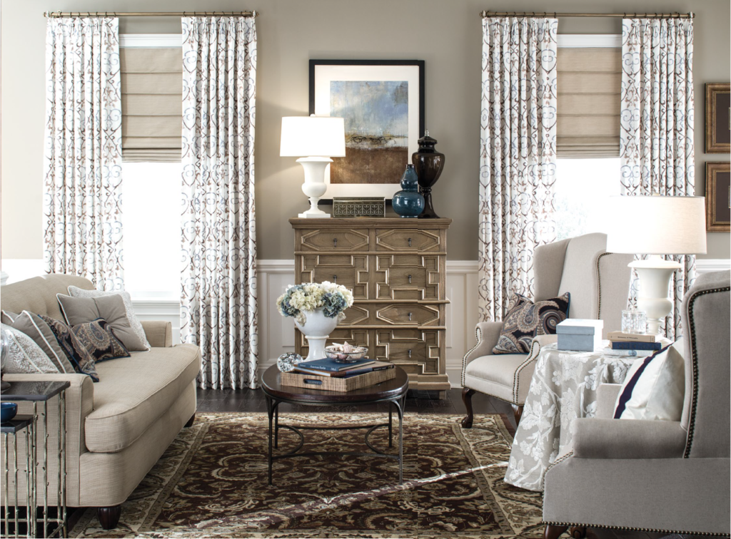 Beautiful inverted pleat drapery with a front fold shade and Mercury Glass finials from Paris Texas Hardware www.PattersonDecoratingGroup.com/blog