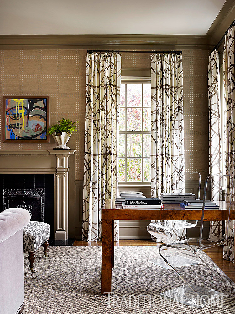 Bold fabric used on the windows mixes with understated grass-cloth www.PattersonDecoratingGroup.com/blog