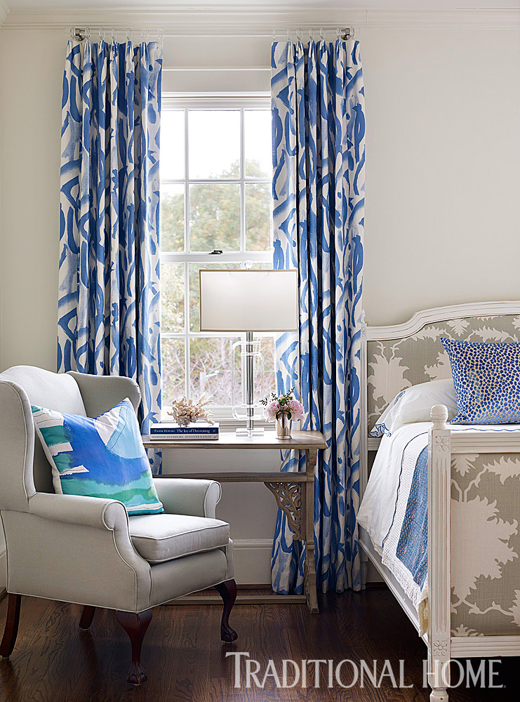 Designer Chenault James used a vintage scarf to inspire the colors used in this Guest room www.PattersonDecoratingGroup.com/blog