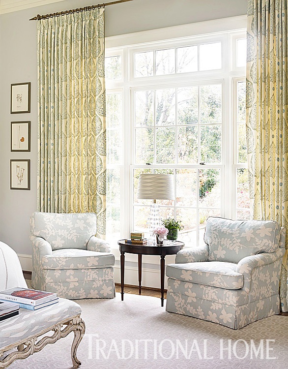 Serene master bedroom with soft colors and subtle patterned drapery fabric by Galbraith & Paul www.PattersonDecoratingGroup.com/blog
